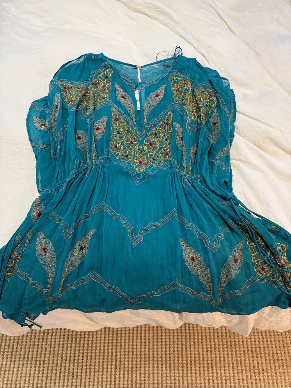 Free People Teal Embroidered Beaded Boho Tunic
